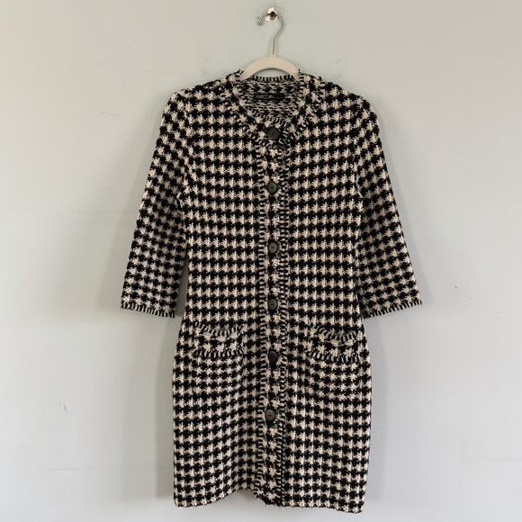 Marc Cain Houndstooth Tweed Wool Black White Button Down Dress - Picture 2 of 6